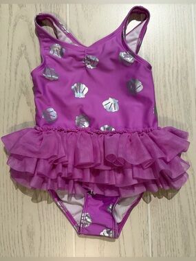 Cat & Jack Purple Seashell Tutu Swimsuit 3T Girls One Piece UPF 50+ Ruffle